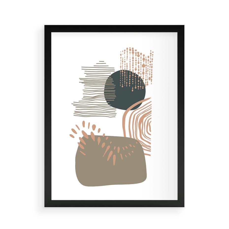 Plakat w ramie 50x70 - Taniec Plam - abstrakcyjna kompozycja z kropek kresek i kółek, odcienie brązu i beżu - rama czarna