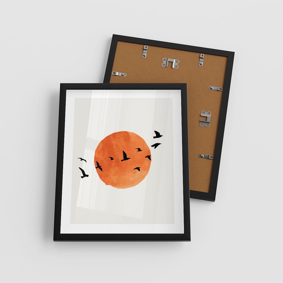 Plakat w ramie 40x50 - Zachód Słońca i Ptaki - grafika akwarela, czarne ptaki na tle zachodu słońca - rama czarna