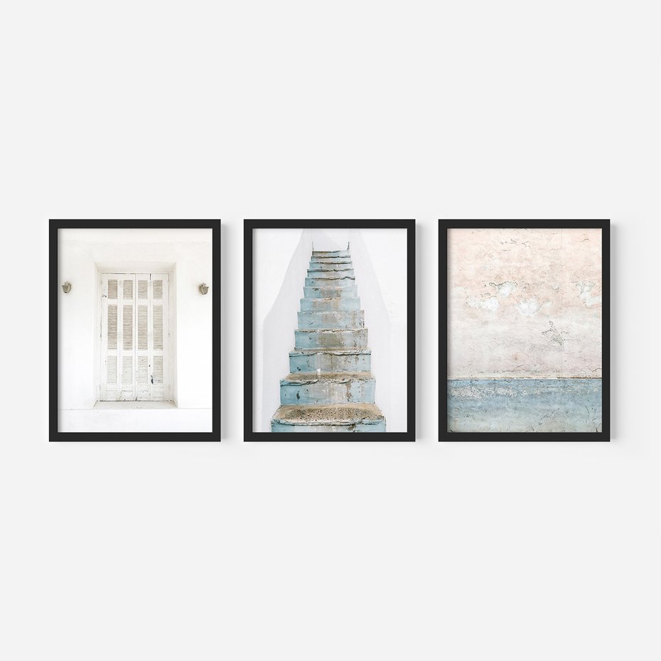 Zestaw obrazy w ramie 50x70 galeria - Turkus, Grecja, schody, okiennice - rama czarna