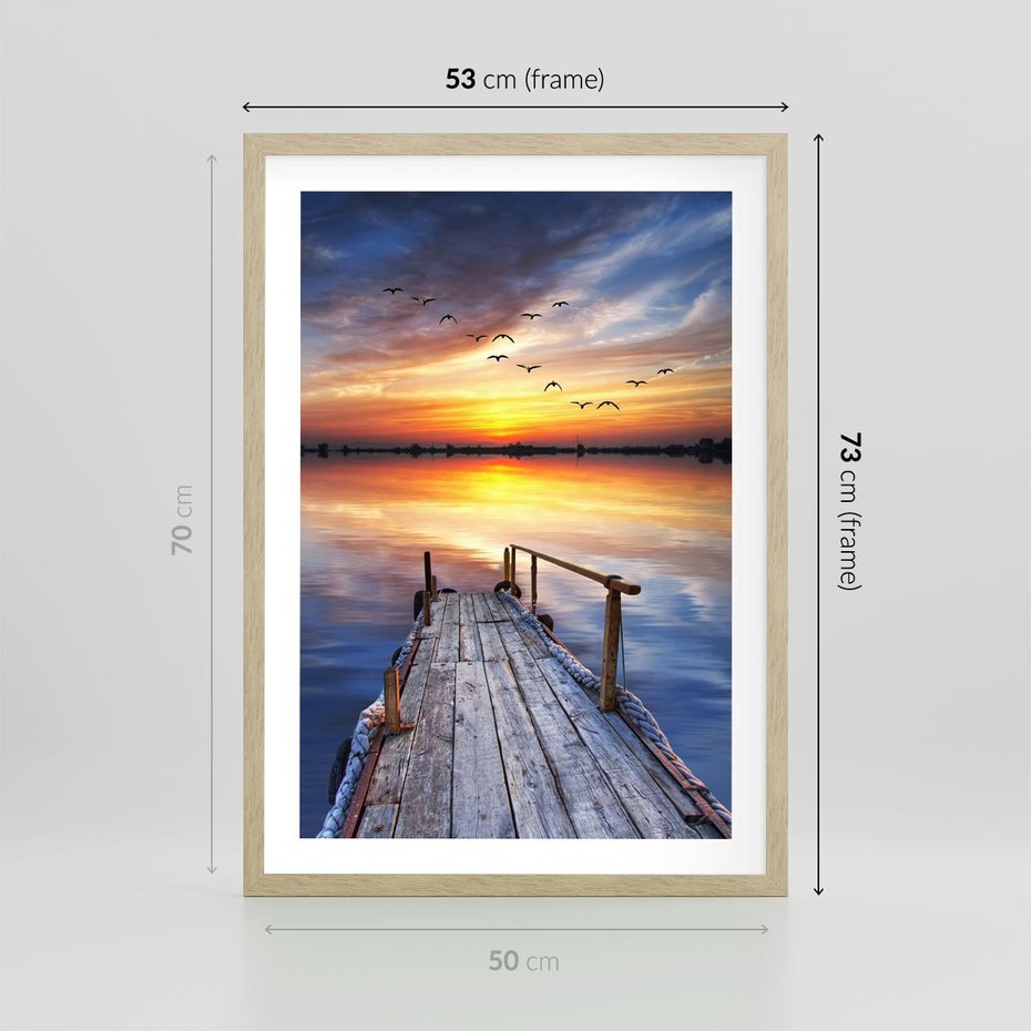 Plakat w ramie 50x70 - Zachód słońca na pomostcie - pomost, zachód - rama drewno