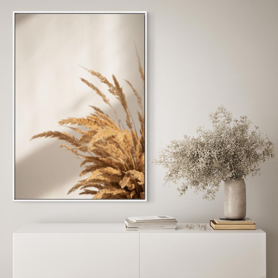 Obraz w ramie 70x100 - Swobodne trawy boho - boho, suche - rama biała