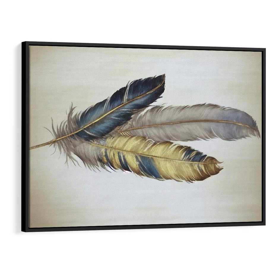 Obraz w ramie 100x70 - Granatowo-Złote Pióra - sztuka, granatowe i złote pióra - rama czarna