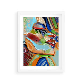 Plakat w ramie 50x70 - Kolorowe Wnętrza Kształtów - abstrakcyjny portret kobiety, twarz - rama biała