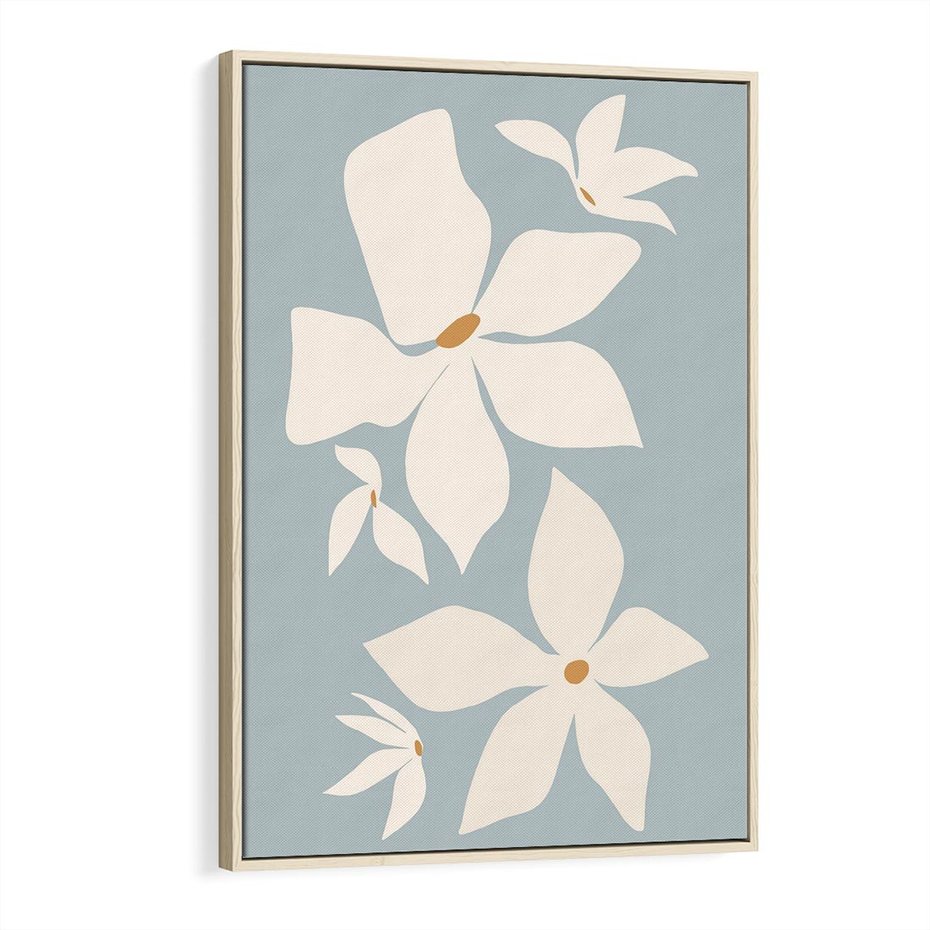Obraz w ramie 70x100 - Błękit Kwiatów - kwiaty, nowoczesne i minimalistyczne - rama drewno