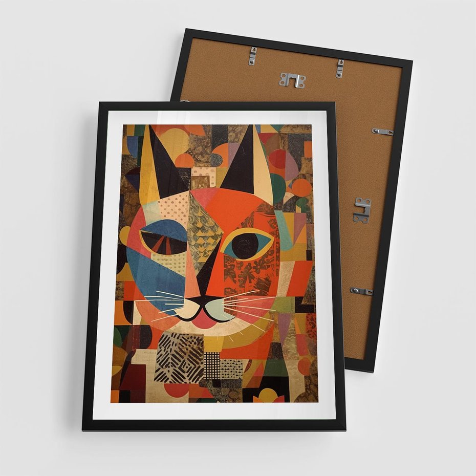 Plakat w ramie 50x70 - Impresje Nieznanych Odniesień - abstrakcyjny obraz olejny, kot - rama czarna