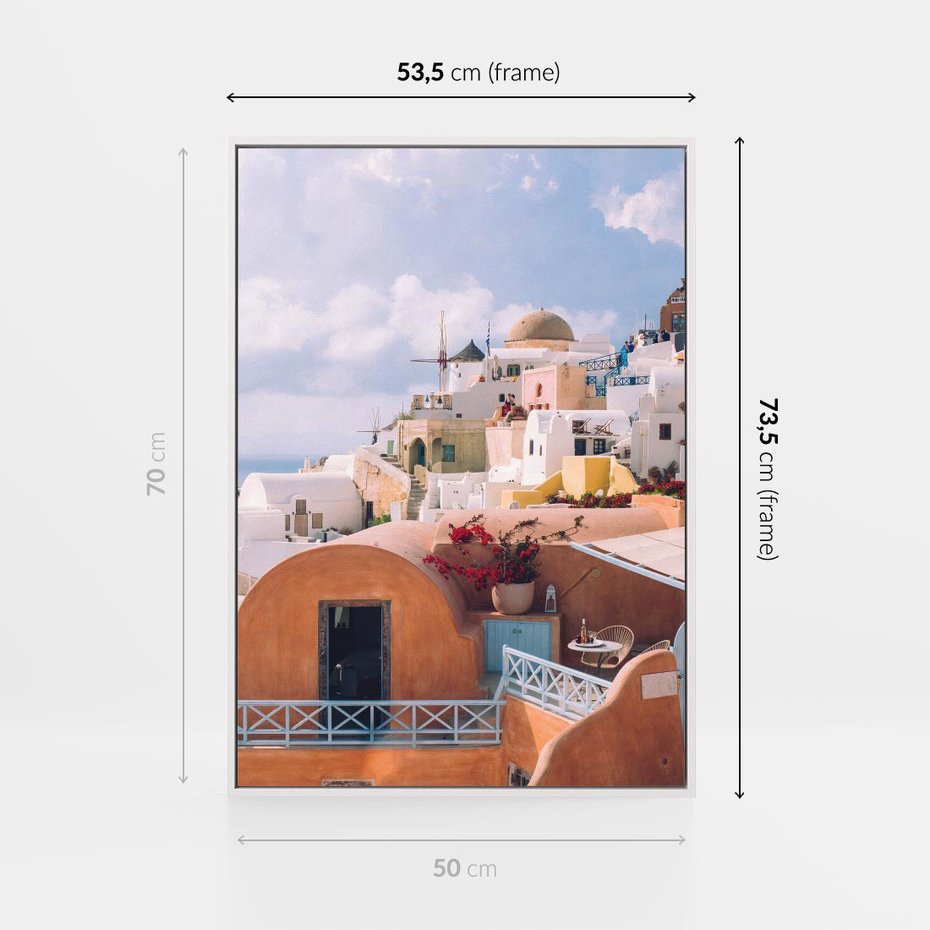 Obraz w ramie 50x70 - Błękit Morza i Białe Domki - Santorini, wyspa - rama biała