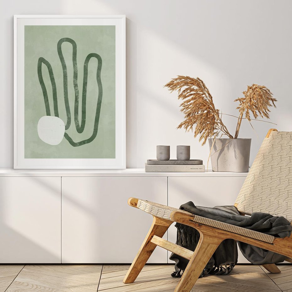 Plakat w ramie 30x40 - Spokojne Kształty Natury - zielona abstrakcja, zgaszona zieleń - rama biała