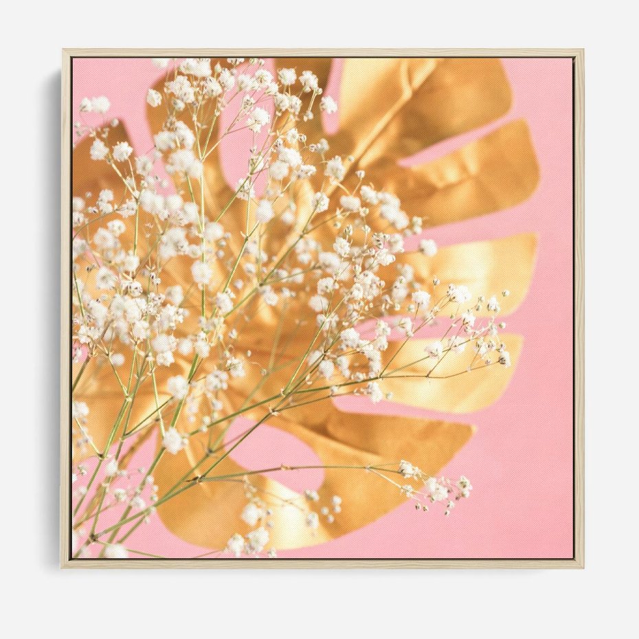 Obraz w ramie 80x80 - : Elegancja w Złocie - złote, liście - rama drewno