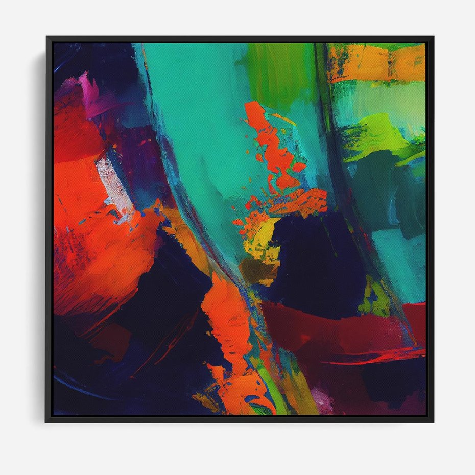 Obraz w ramie 50x50 - Abstrakcyjne wizje czasu - żywe radosne kolory, plamy kolory - rama czarna