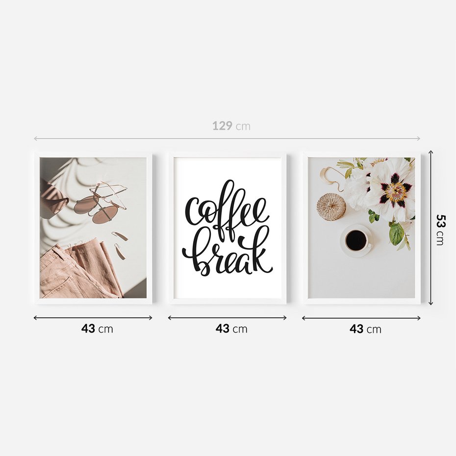 Zestaw obrazy w ramie 40x50 galeria - Coffee, break, kawa, napis - rama biała