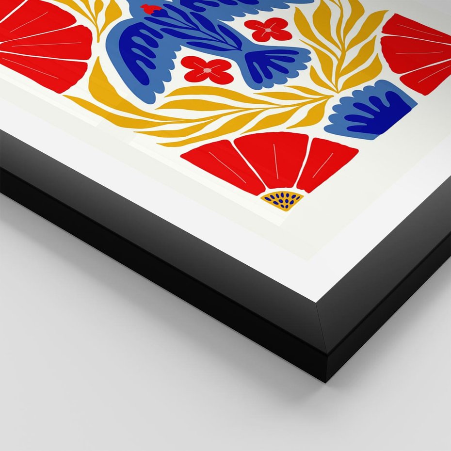 Plakat w ramie 50x70 - Eklektyczny Majestat - wyrazista grafika, mocne kolory czerwień niebieski żółty - rama czarna