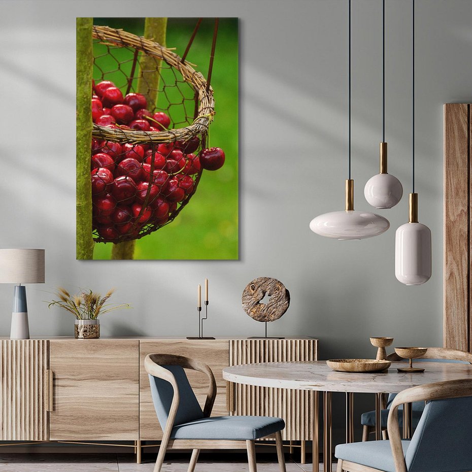 Obraz na płótnie 80x120 - Czereśnie w Koszyku Owocowy Skarb - czereśnie, koszyk