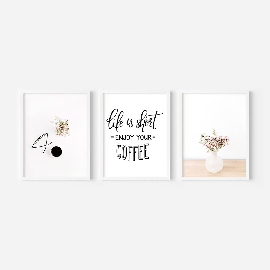 Zestaw obrazy w ramie 50x70 galeria - Kawa, kwiaty, minimalizm - rama biała