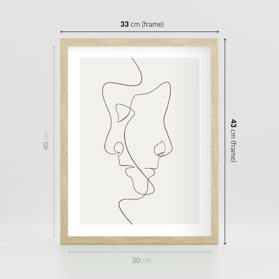 Plakat w ramie 30x40 - Jedna Linia, Dwie Twarze - minimalistyczny plakat, dwie twarze - rama drewno