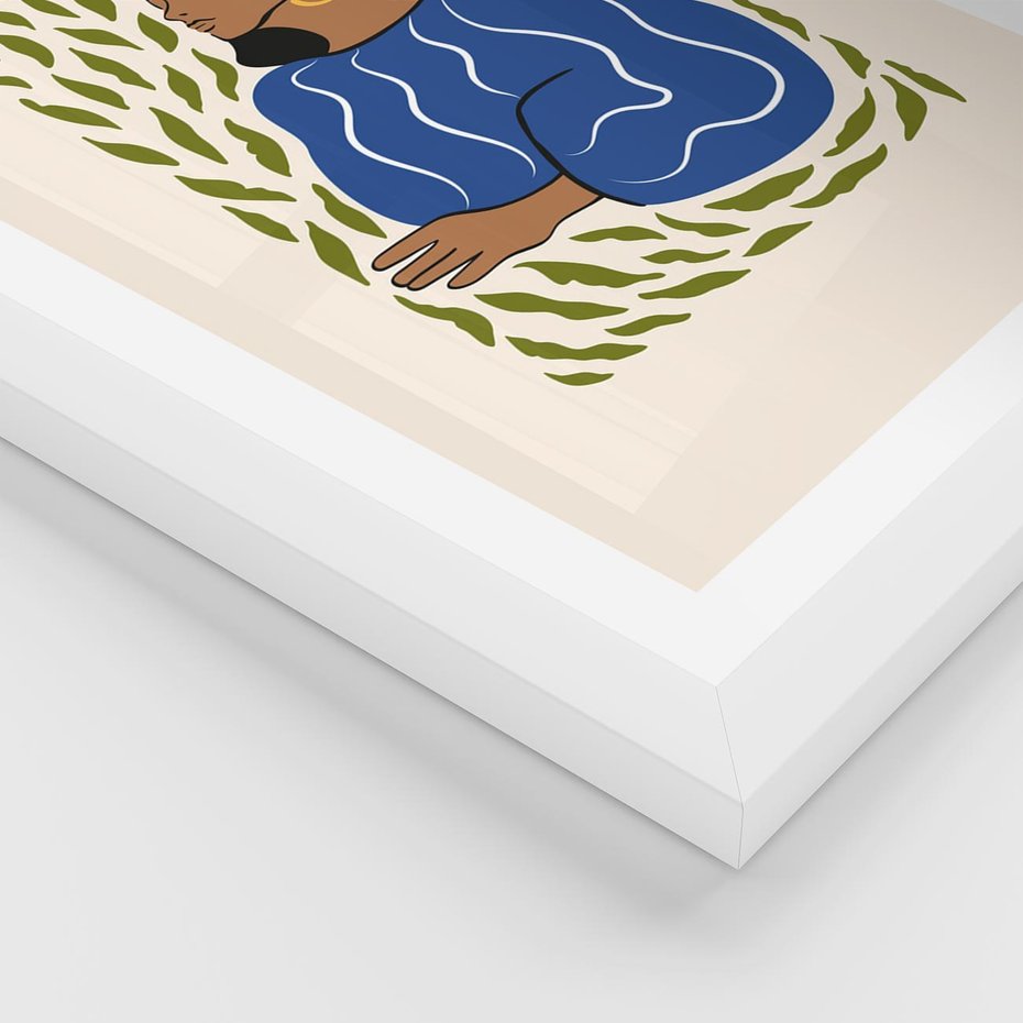 Plakat w ramie 40x50 - Rozbite Barwy - nowoczesny plakat, kobieta otoczona liśćmi - rama biała