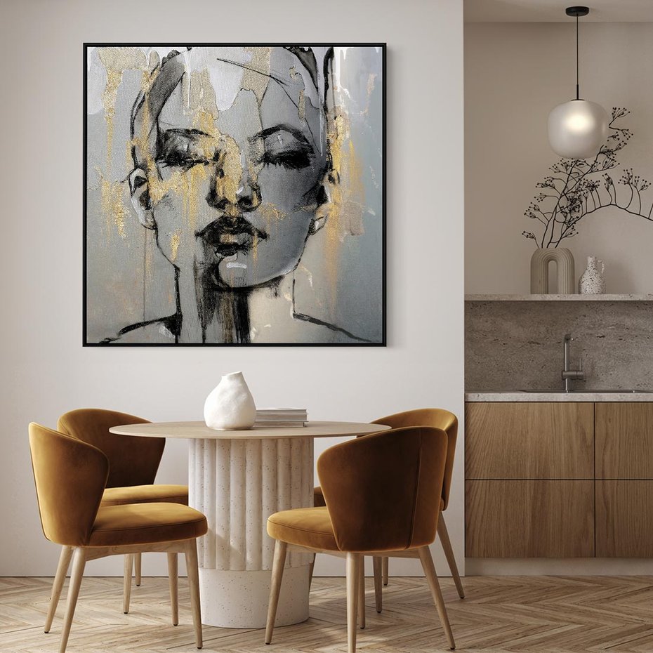 Obraz w ramie 50x50 - Kobieta - Abstrakcyjne Malowidło - złote, usta abstrakcja - rama czarna