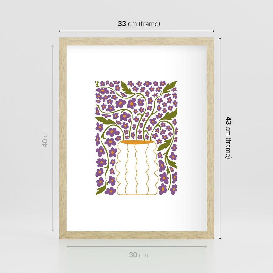 Plakat w ramie 30x40 - Witalność Kwiatów - kwiaty w wazonie, minimalistyczna kompozycja - rama drewno