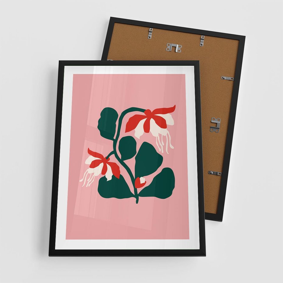 Plakat w ramie 50x70 - Migotliwa Kreatywność - abstrakcyjne kwiaty, różowe tło - rama czarna