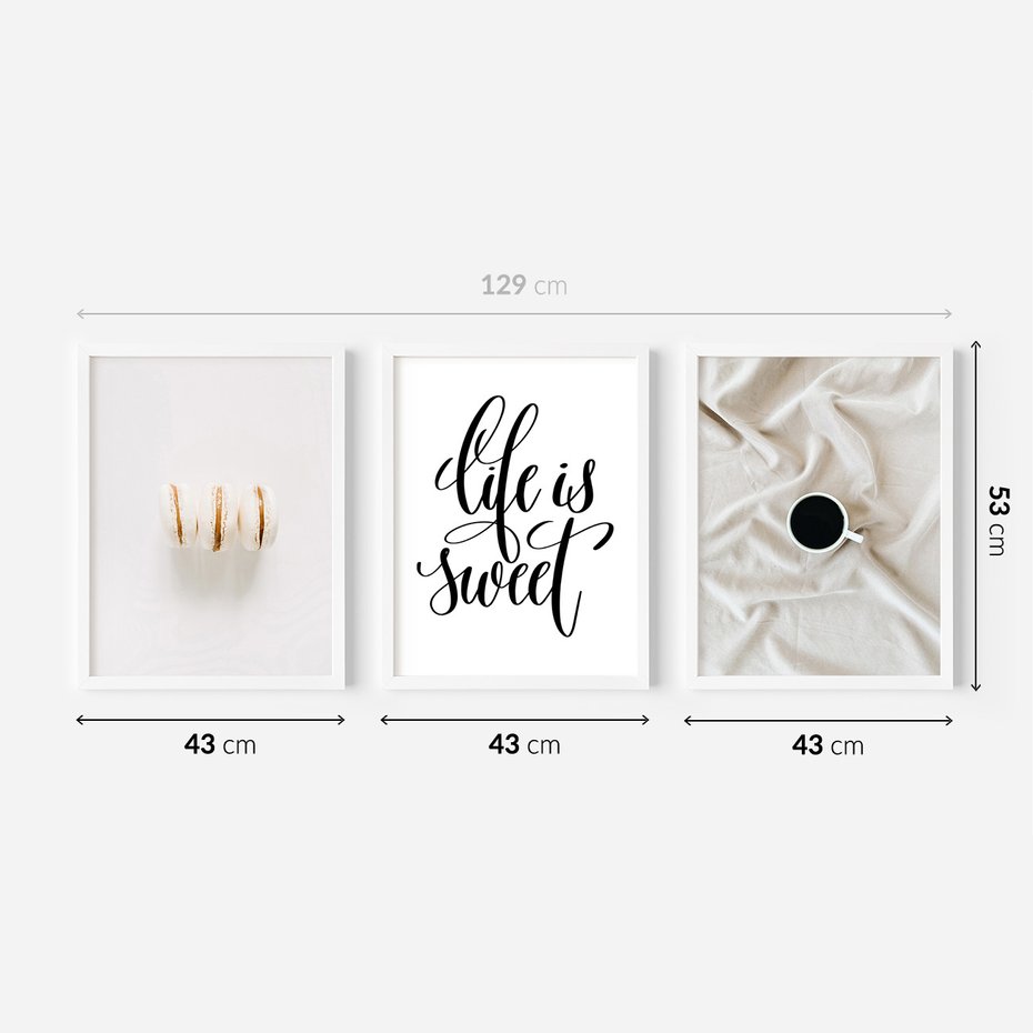 Zestaw obrazy w ramie 40x50 galeria - Makaroniki, kawa, typografia, napisy - rama biała