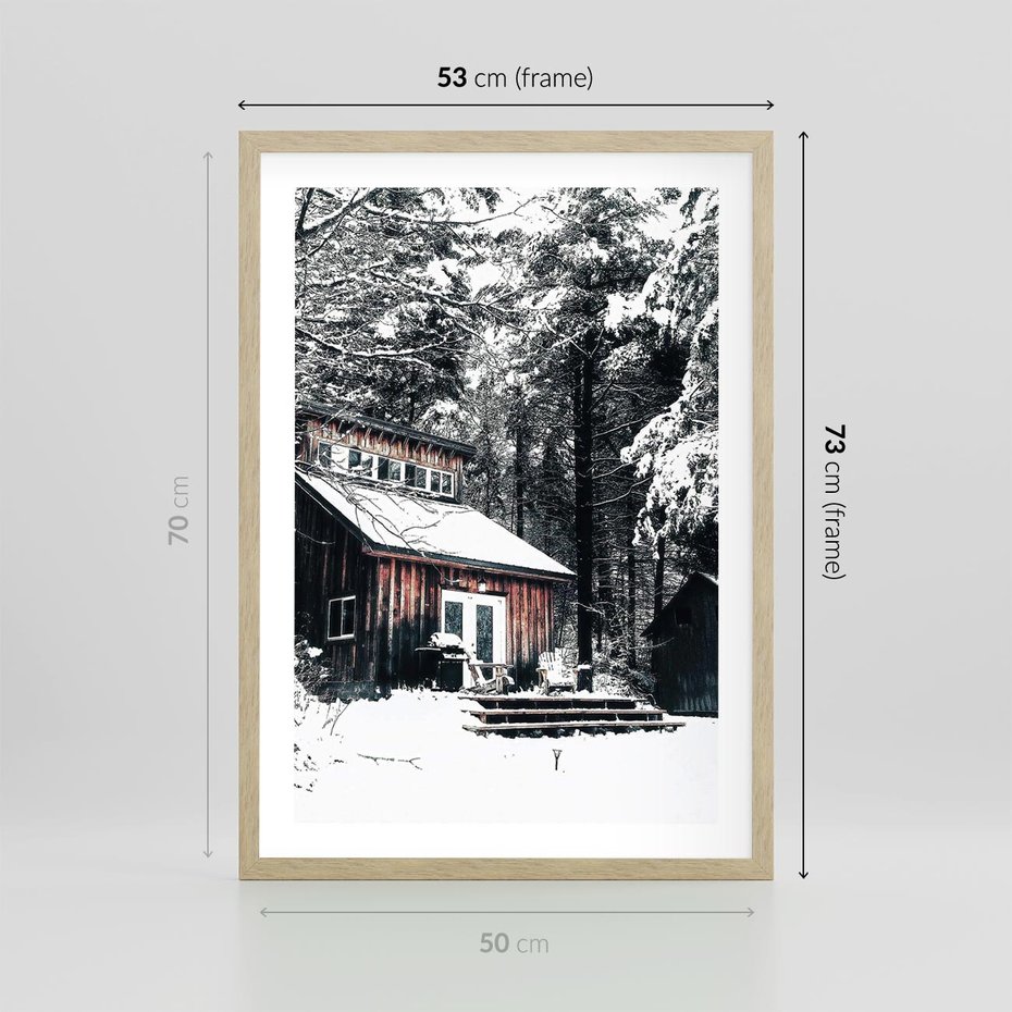 Plakat w ramie 50x70 - Zimowy Urok Drewnianego Domku - zima, drewniany domek - rama drewno