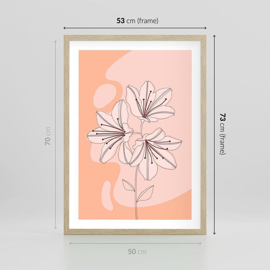 Plakat w ramie 50x70 - Kwiatowa Harmonia - minimalistyczny plakat, pudrowe kwiaty - rama drewno