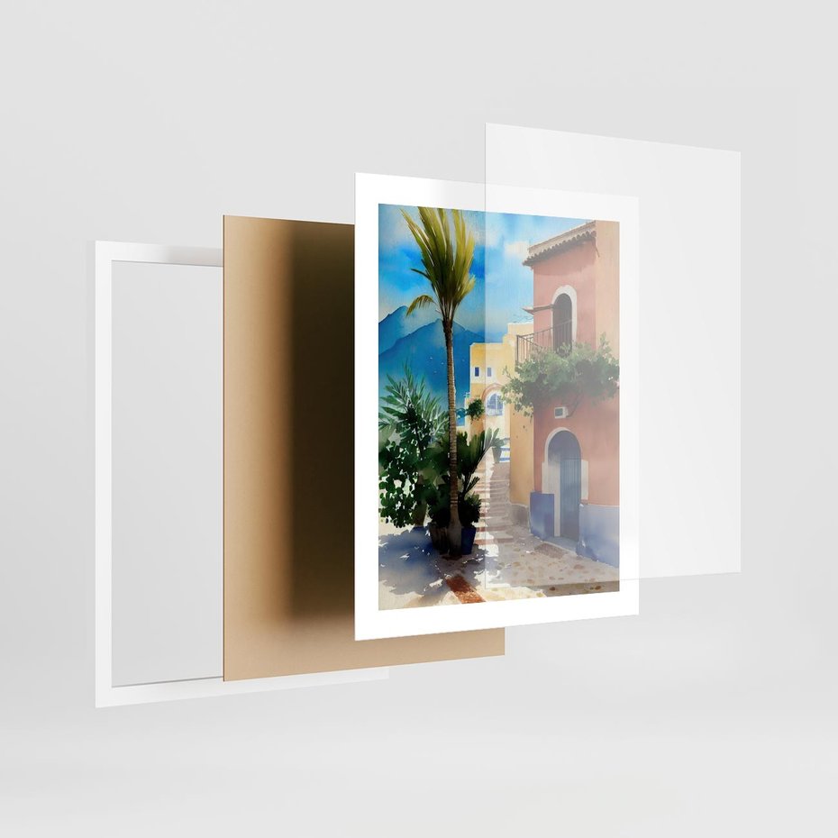 Plakat w ramie 40x50 - Spokój Miasta nad Morzem - akwarela, sródziemnomorski klimat - rama biała