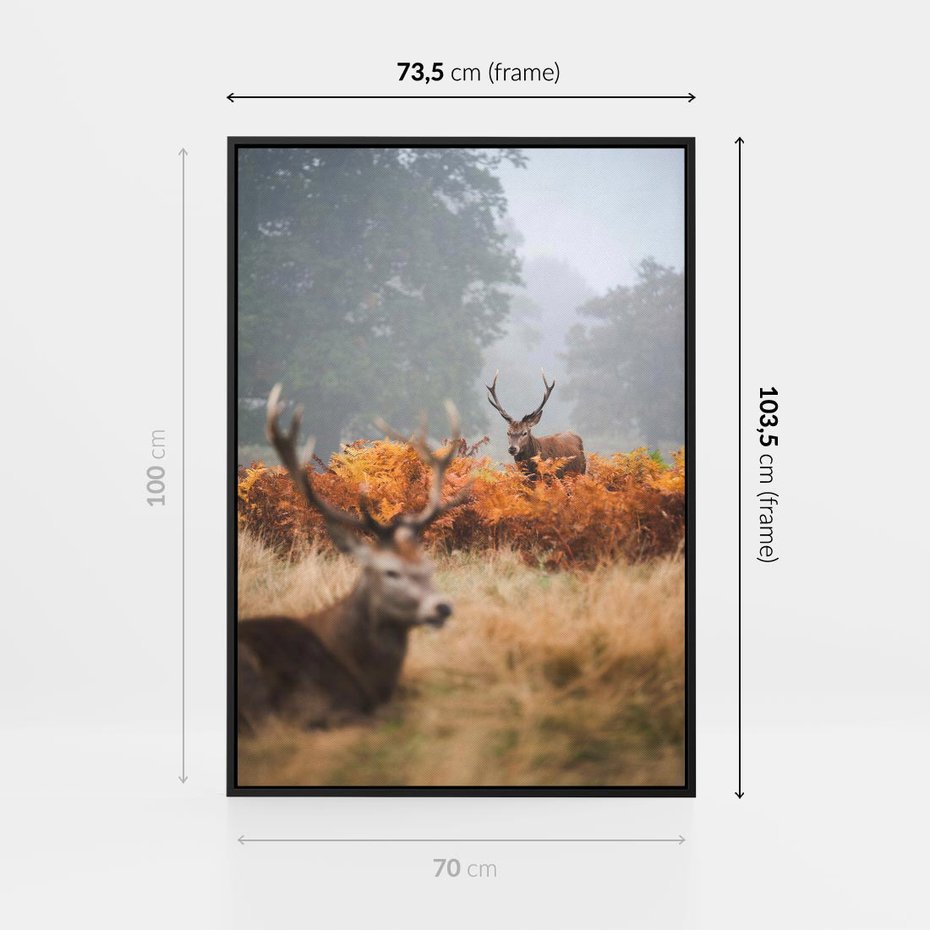 Obraz w ramie 70x100 - Malownicza Harmonia - jelenie, jesień - rama czarna