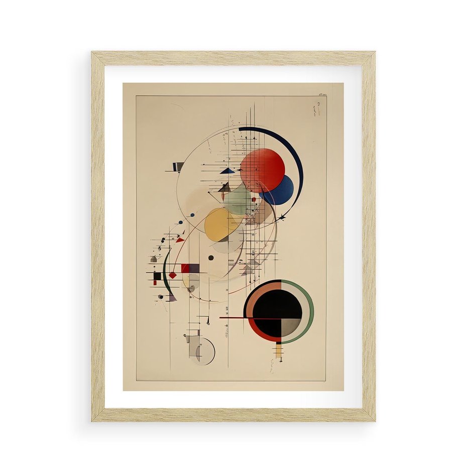 Plakat w ramie 50x70 - Impulsy Wydobyte z Cienia - abstrakcyjna geometryczna kompozycja, koła linie - rama drewno