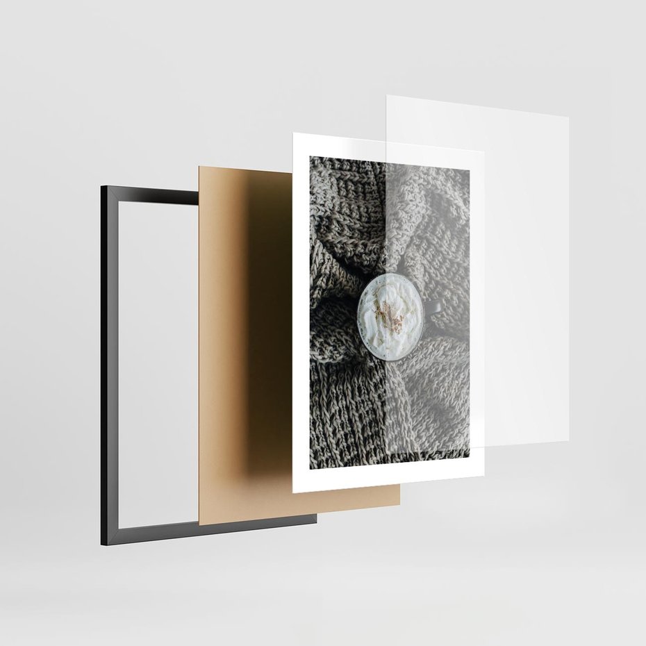 Plakat w ramie 30x40 - Relaks z Kawą i Kocem - ciepły wełniany koc, kawa z bitą śmietaną - rama czarna