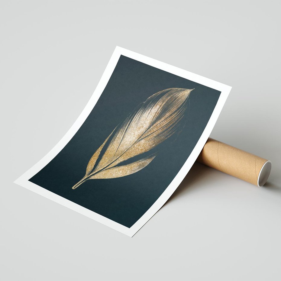 Plakat bez ramy 50x70 - Mroczne Złoto - nowoczesna grafika, złoty liść na czarnym tle