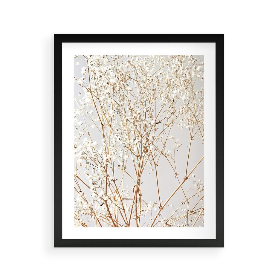 Plakat w ramie 40x50 - Minimalistyczna Delikatność - białe kwiaty, gipsówka - rama czarna