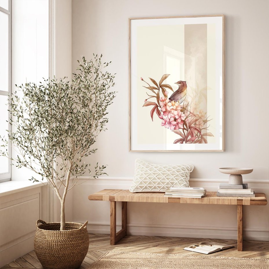 Plakat w ramie 30x40 - Kwiatowe Zanurzenie - japońska sztuka, ptak - rama drewno
