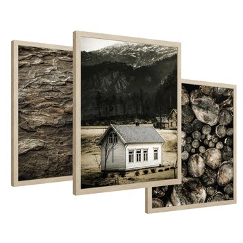 Zestaw obrazy w ramie 40x50 galeria - Sepia, domek, w, górach - rama drewno