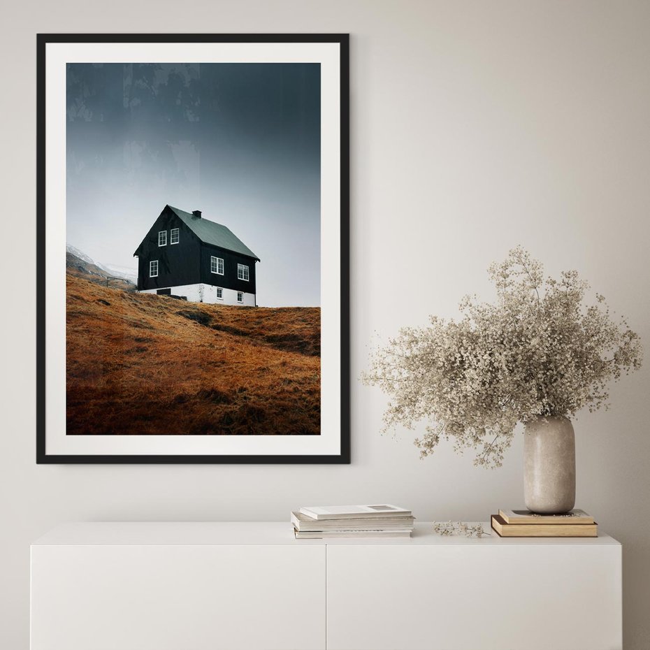 Plakat w ramie 40x50 - Ciepło i Przytulność - skandynawski, domek - rama czarna