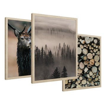 Zestaw obrazy w ramie 50x70 galeria - Jeleń, las, drzewa, boho, skandynawski - rama drewno