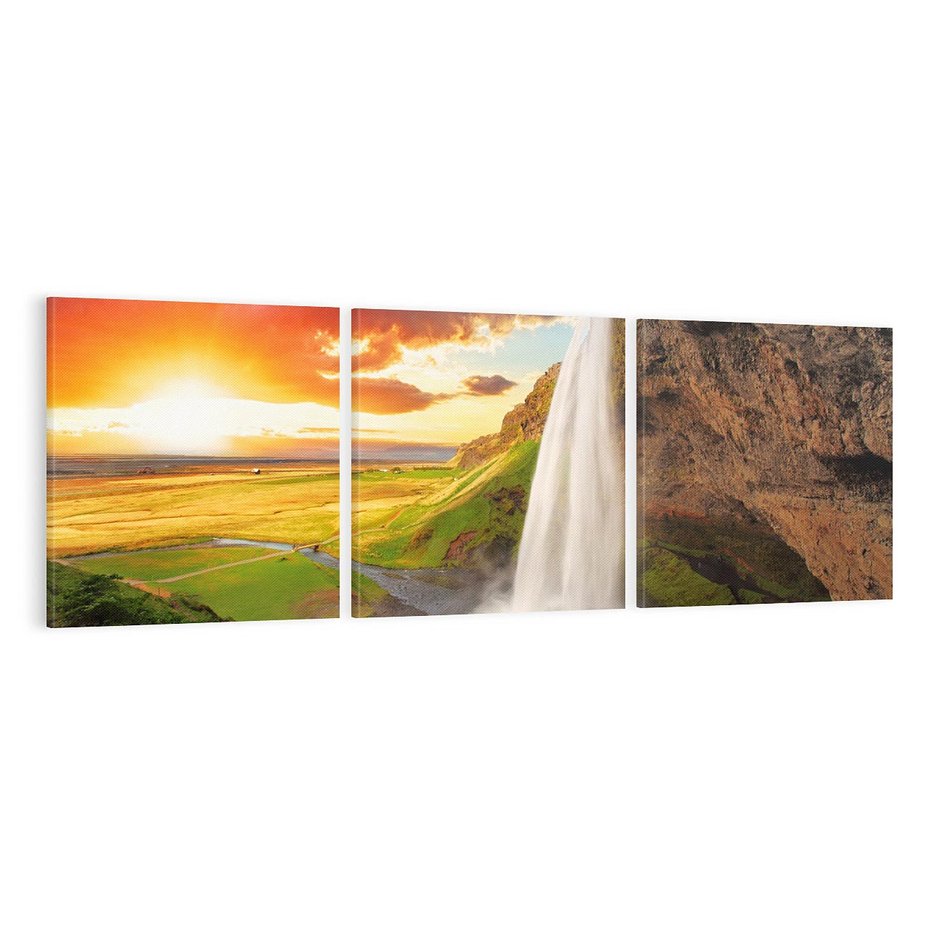 Obraz na płótnie 120x40 - Zachód słońca nad islandzkim wodospadem - Islandia, wodospad