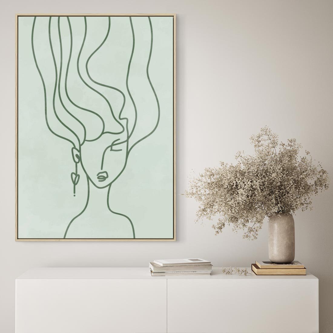 Obraz w ramie 80x120 - Spokojne Objęcia Natury - abstrakcja, zielony szkic - rama drewno