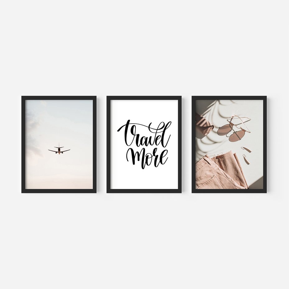 Zestaw obrazy w ramie 30x40 galeria - Wakacje, podróż, samolot, typografia - rama czarna