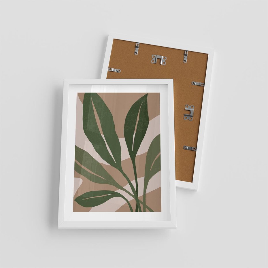 Plakat w ramie 30x40 - Nowoczesność Natury: Plakat z Zielonymi Liśćmi - nowoczesny plakat, beż - rama biała