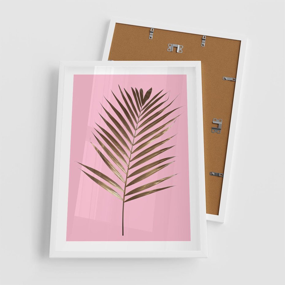 Plakat w ramie 50x70 - Promienie złotej palmy - złota, palma - rama biała