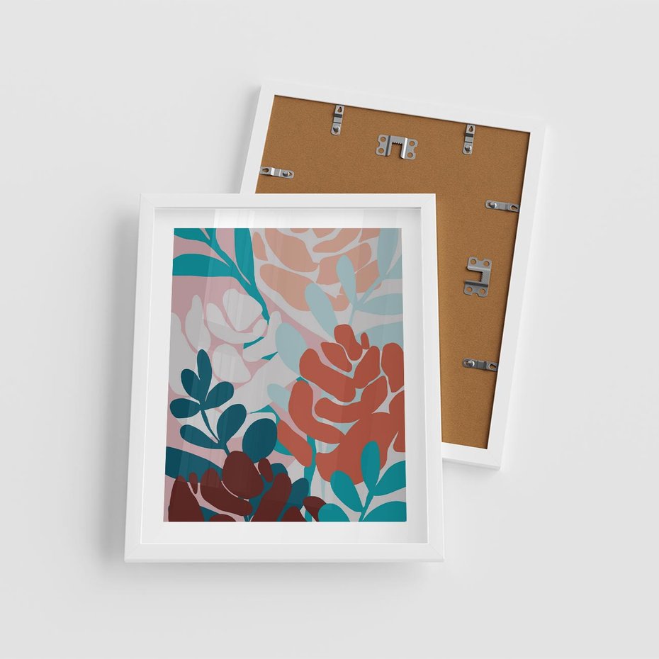 Plakat w ramie 40x50 - Impresje Kształtów - abstrakcyjna kompozycja kwiatowych form, kolor zgaszone - rama biała