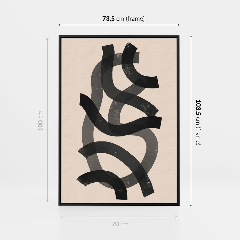 Obraz w ramie 70x100 - Strukturalne Odbicia Innowacji - zaplątane minimalistyczne linie, na bezowym tle - rama czarna