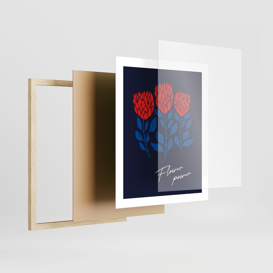 Plakat w ramie 40x50 - Podróżne Barwy - czerwone abstrakcyjne kwiaty, granatowe tło - rama drewno