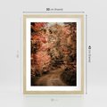 Plakat w ramie 30x40 - Obraz przedstawia jesienne drzewa i czerwone liście na ścieżce w lesie. Ta sceneria doskonale oddaje urok i kolorystykę jesieni w lesie. - las, jesień - rama drewno