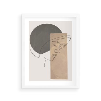 Plakat w ramie 30x40 - Jedną Linią: Kobieca Twarz - abstrakcja, plamy w tle - rama biała