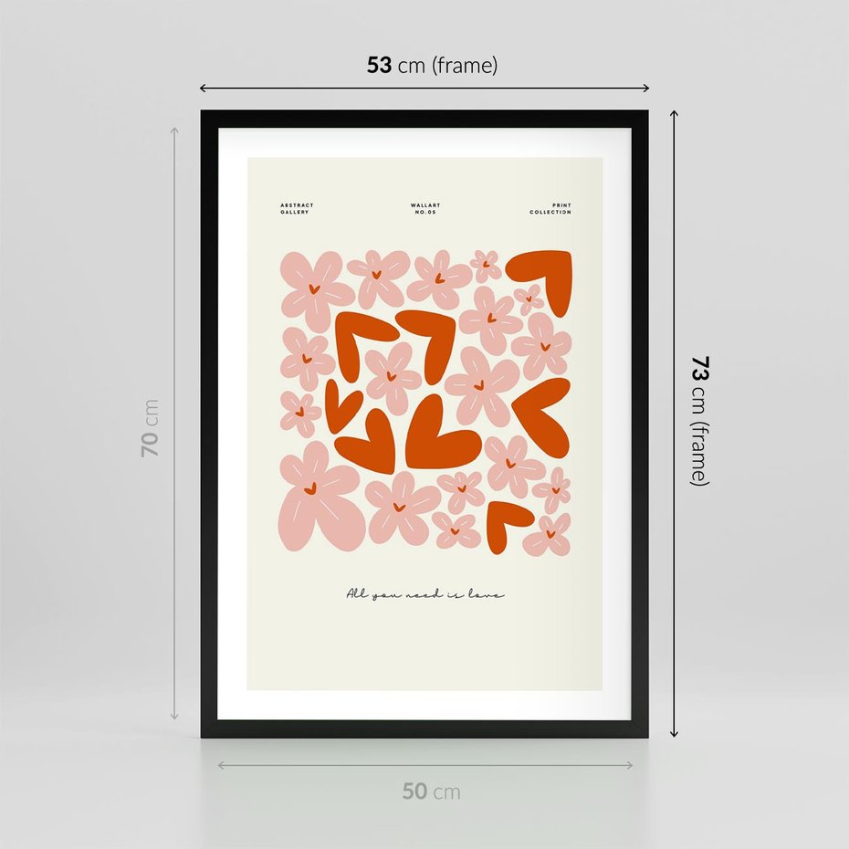 Plakat w ramie 50x70 - Miłość w Kompozycji - grafika, kompozycja kwiaty i serca - rama czarna