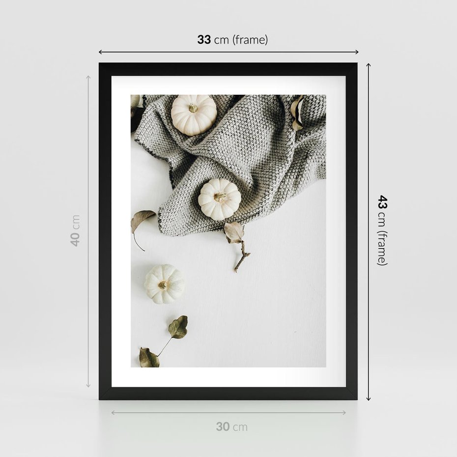 Plakat w ramie 30x40 - Białe Dynie i Przytulny Koc - kompozycja jesienna, białe dynie - rama czarna
