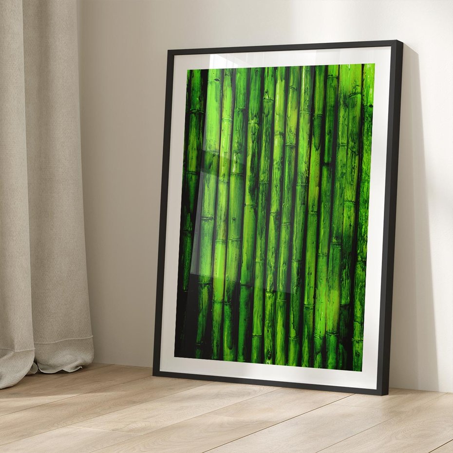 Plakat w ramie 30x40 - Bambusowy urok zielonej harmonii - bambus, zieleń - rama czarna