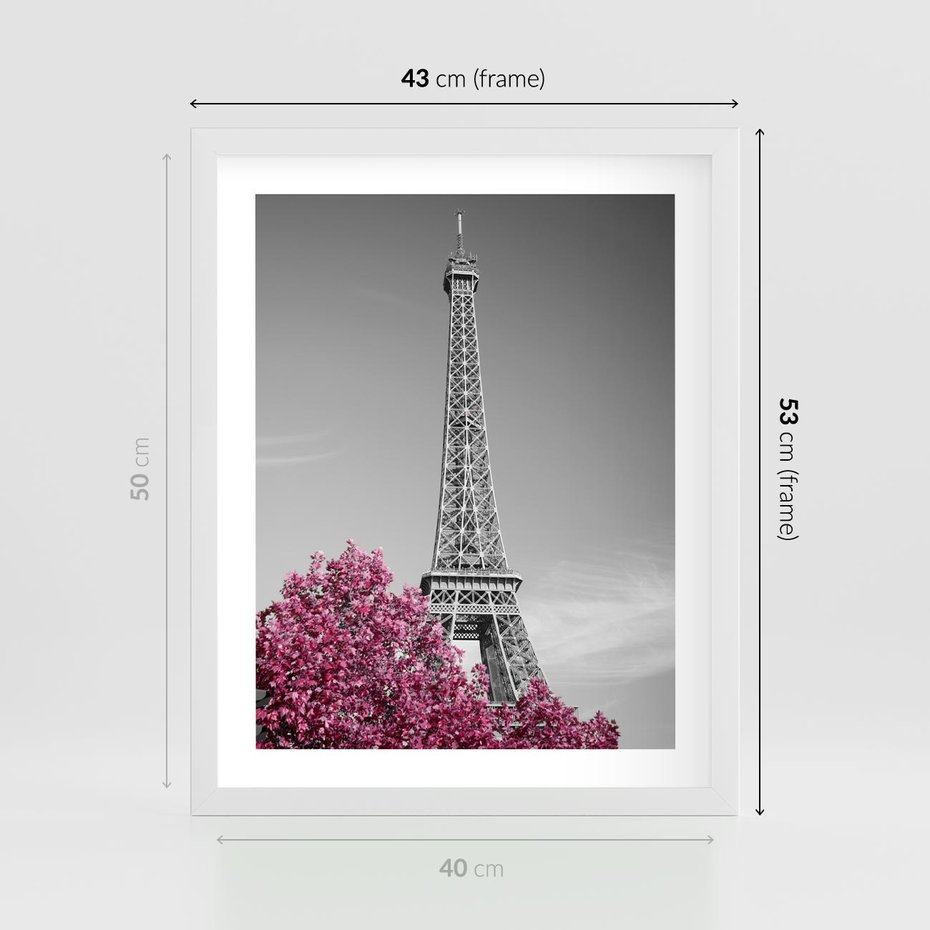 Plakat w ramie 40x50 - Różowy Paryż - czarno białe zdjęcie, wieża eiffla - rama biała