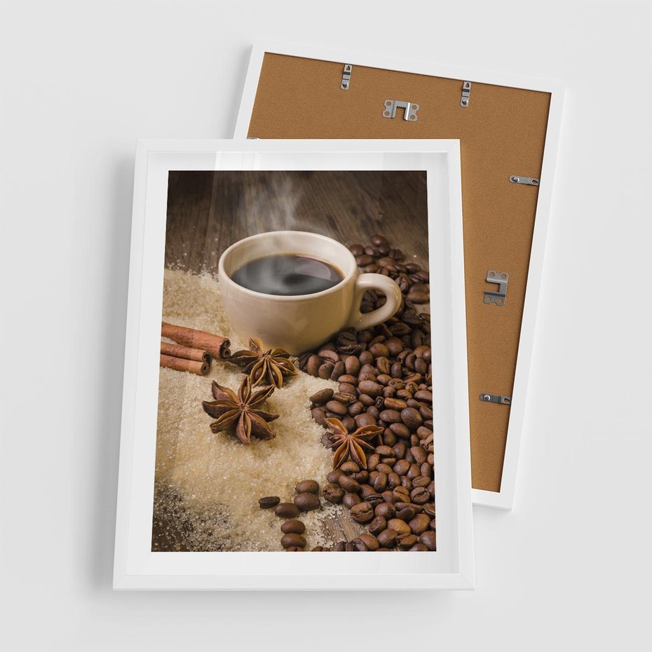 Plakat w ramie 50x70 - Kawowa filiżanka pełna aromatu - kawa, filiżanka - rama biała